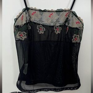 Ag Adriano Goldschmied Black and Red Floral Mesh tank